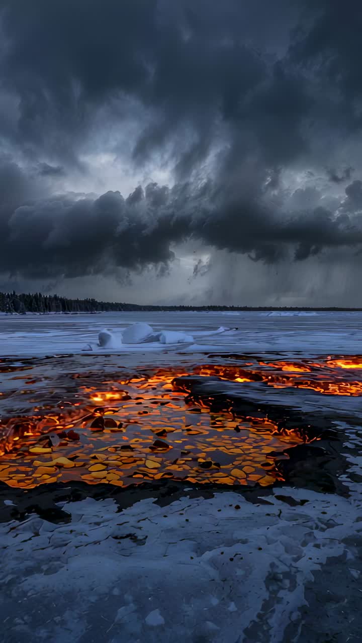 Vertical video: Seeing fiery cracks pulsing on icy shore camera gliding, revealing glowing fissures