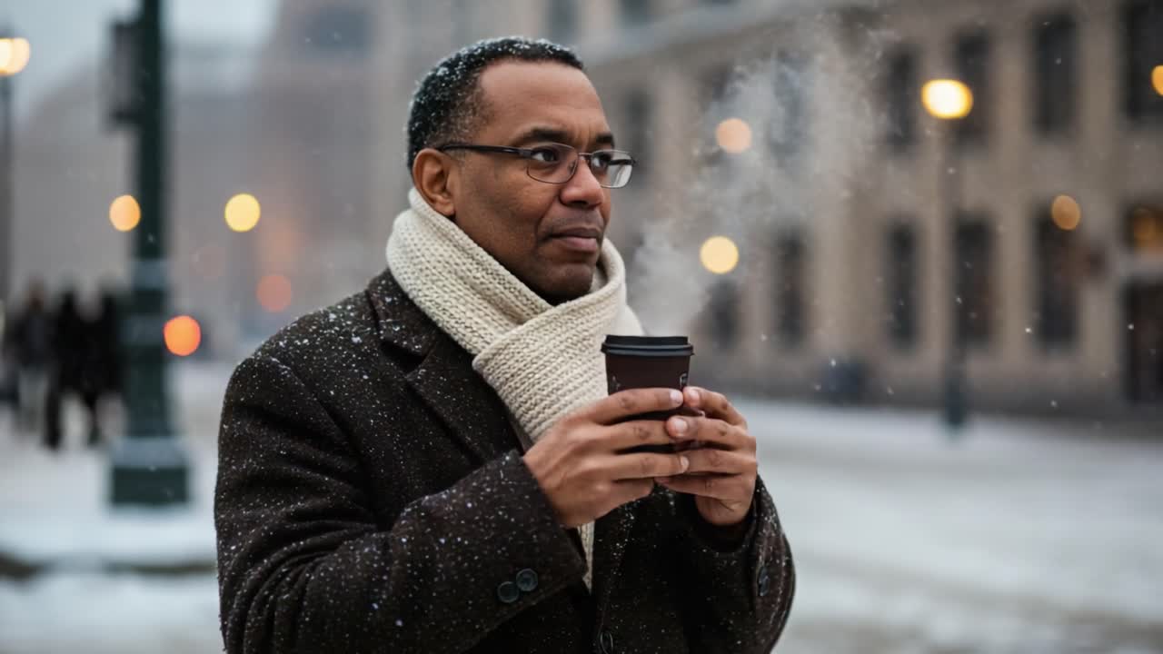 A Man Enjoying a Warm Beverage Amidst a Snowy Urban Landscape, Capturing the Peaceful Essence of Winter and Cozy Moments with a Coffee Cup in Hand