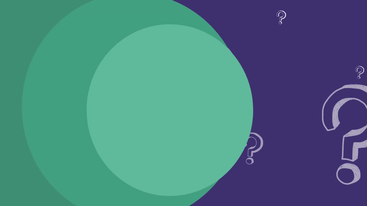 Animation of green circles over question marks on purple background