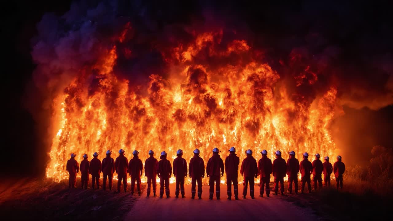 Brave Firefighters Stand United Amidst Catastrophic Wildfire Blaze, Showcasing Their Commitment and Courage in the Face of Incredible Danger and Devastation