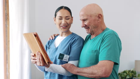 tablet, nurse and elderly man in home