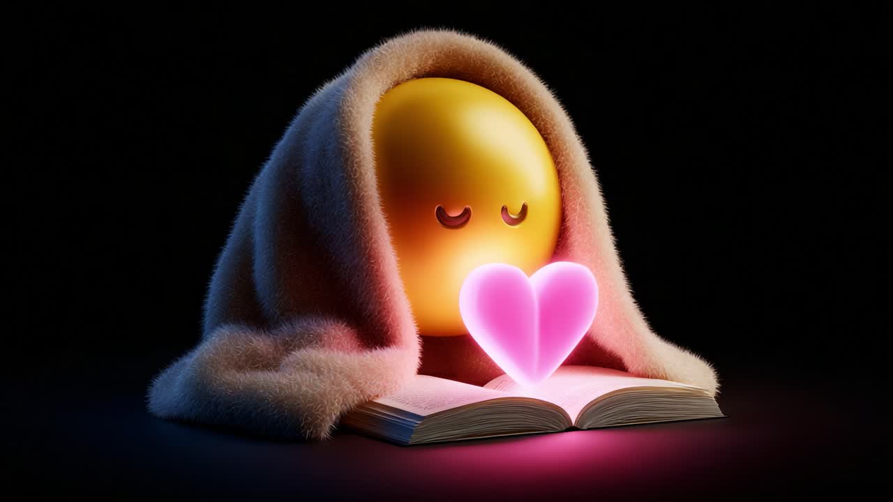 A Cozy Scene of a Smiling Emoji Wrapped in a Soft Blanket, Holding a Pink Heart Above an Open Book, Creating a Warm Atmosphere of Love and Comfort