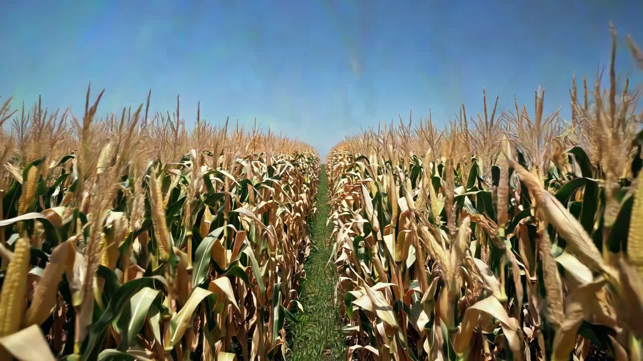 Un video grandangolare cattura un lussureggiante campo di mais sotto un cielo azzurro e limpido, mettendo in risalto file di mais alto.