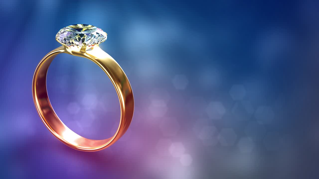 anillo de bodas brillante con diamante gira en el fondo azul de rosa