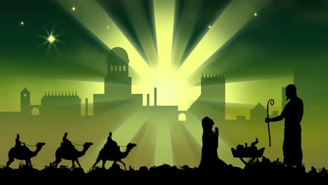 animación de la silueta de tres hombres sabios en camellos sobre el paisaje urbano sobre fondo verde