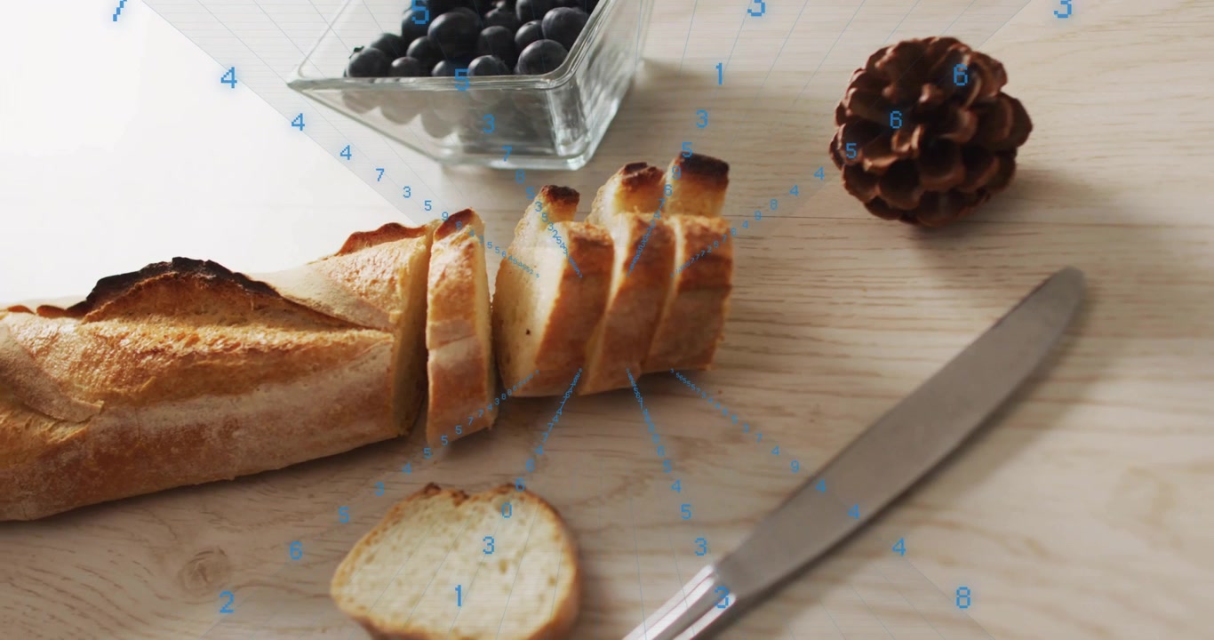 Camera panning and grid rotating for framing, sliced baguette staying put while knife moving right