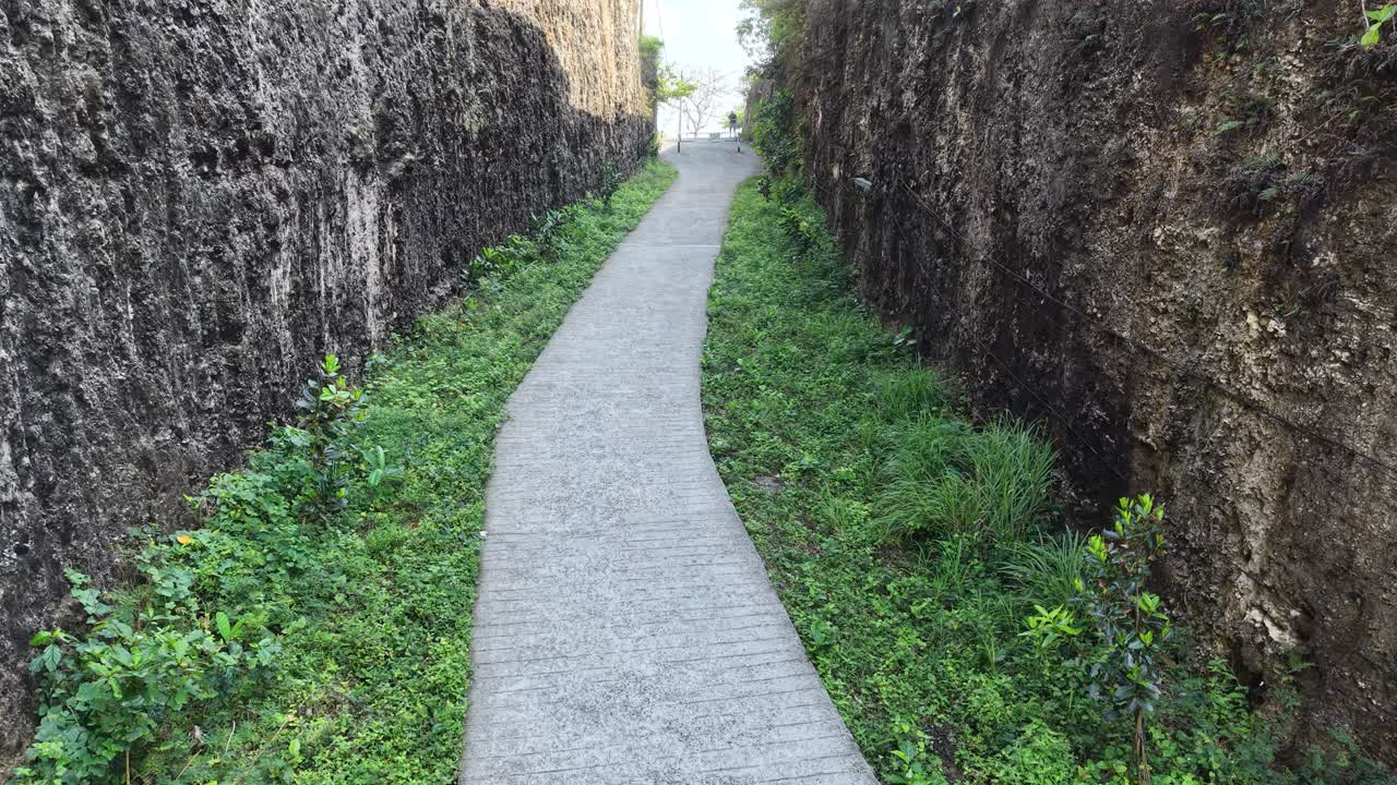 豊かな緑に囲まれた狭い峡谷の道を登っていくオートバイ