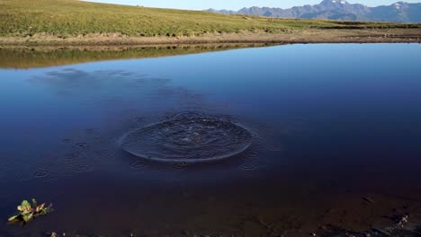 piedra cae en un lago quieto y hace olas, cámara lenta, fondo de montaña