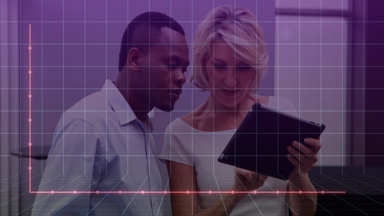 Animation of financial data processing over diverse business people using tablet