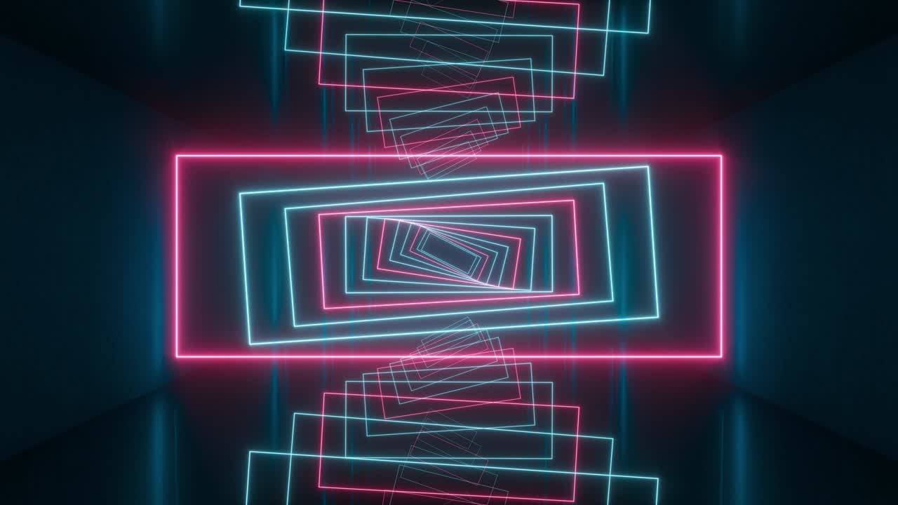Loop rotation of glowing rectangle lines in the dark tunnel, 3d rendering.