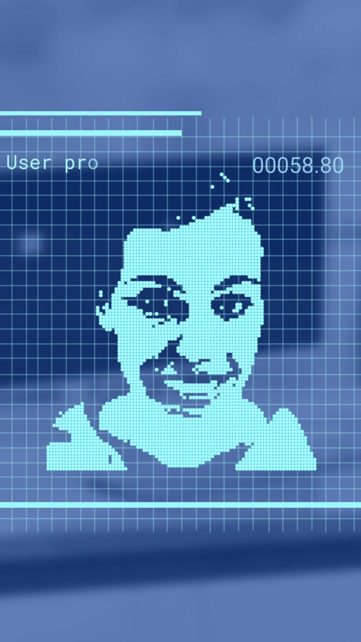 Animaatio biometrisistä kuvista ja tiedonkäsittelystä työpisteen yllä toimistossa.