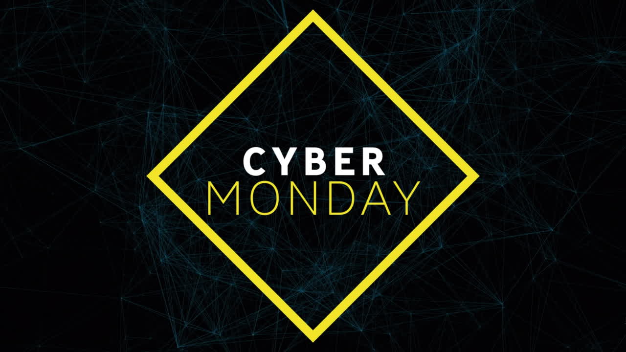 Animation af teksten "Cyber Monday Sale" over netværk af forbindelser.
