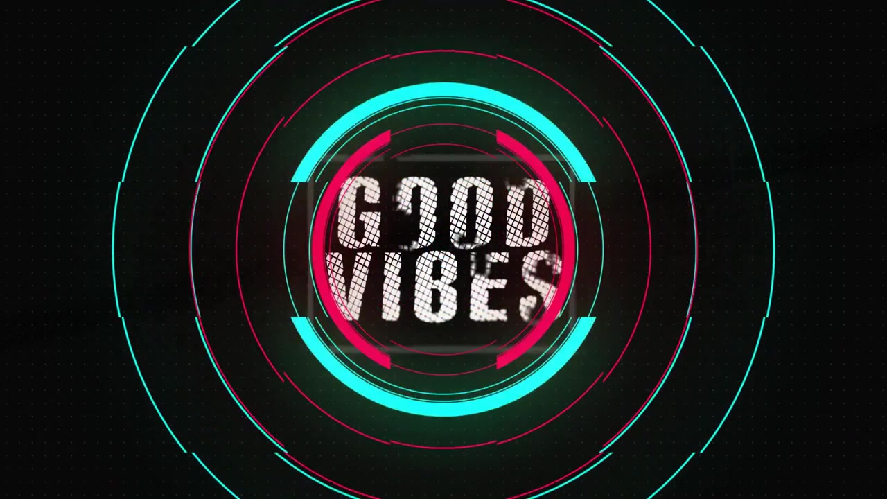 Sfondo puntinato con barre rosso-ciano che scorrono verso il centro, anelli al neon rotanti che rivelano "GOOD VIBES".