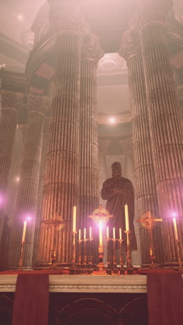 a dramatic interior shot of a church with candles lit on the altar