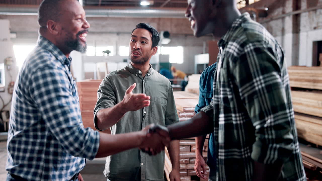 Diverse Businessmen Shaking Hands and Talking in Industrial Setting