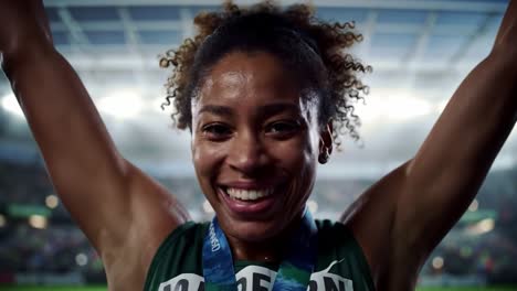 celebrating victory: an athlete triumphantly holds her gold medal high with joyous emotion, signifying hard work, dedication, and achievement in sports, inspiring future generations