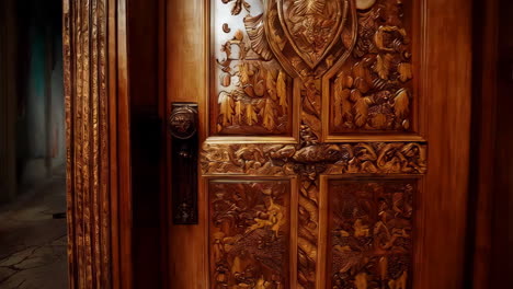 intricately carved ornate wooden door opening to a mysterious hallway