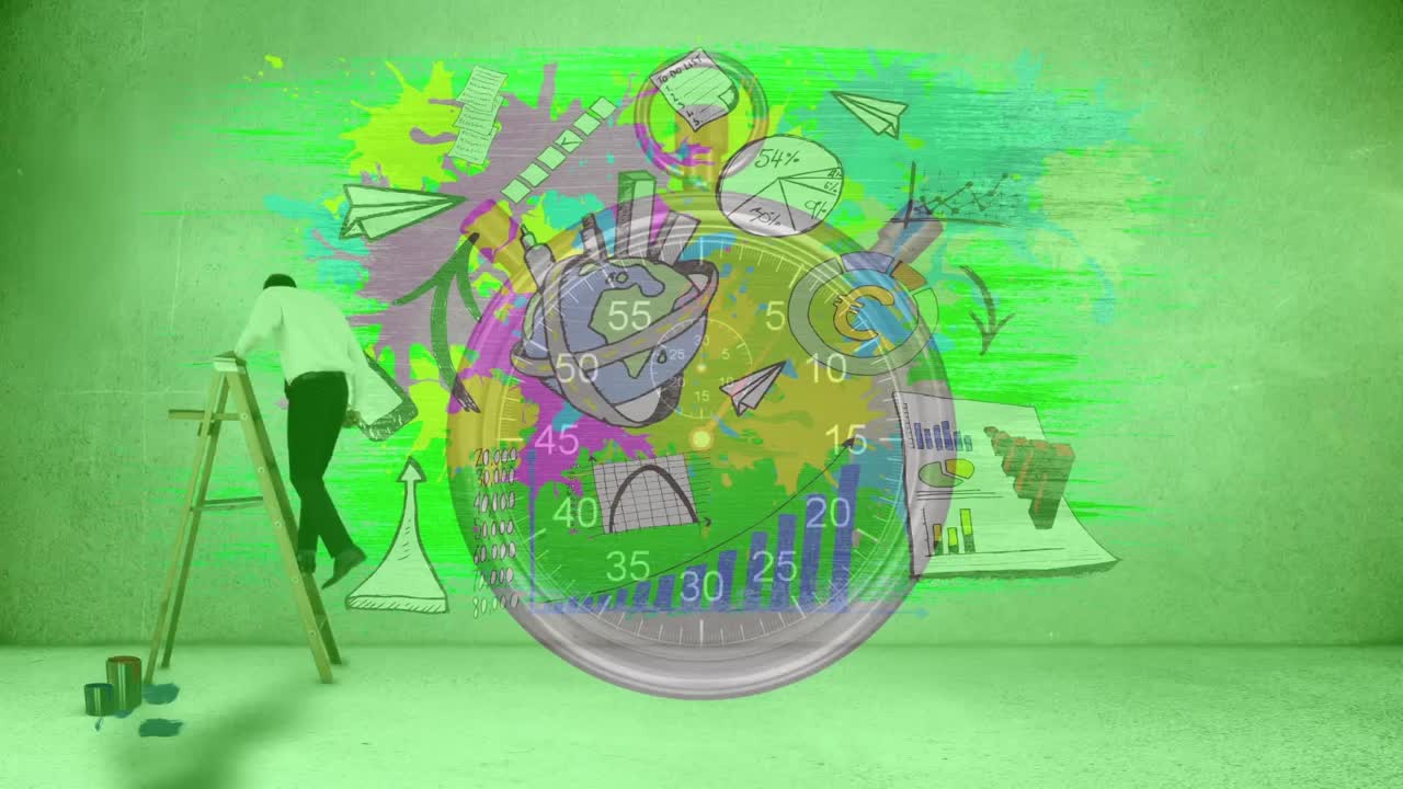 계단과 스 ⁇ 워치에 사업가와 함께 통계와 아이콘의 애니메이션