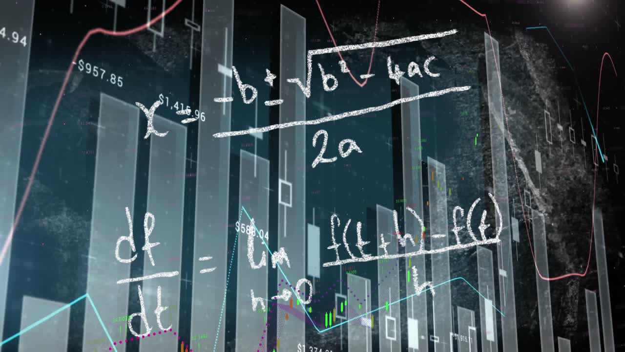 animación de múltiples gráficos con números sobre una ecuación matemática en un fondo abstracto.
