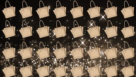 animation of beige tote handbags repeated over white spotlights on black background