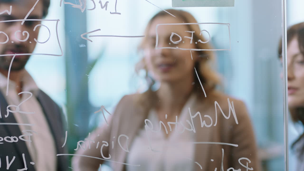 personas de negocios creativas escribiendo ideas en una pizarra de vidrio líder de equipo hombre haciendo lluvia de ideas con colegas trabajando en una solución discutiendo estrategia trabajo en equipo en la oficina reuniéndose a través de vidrio 4k