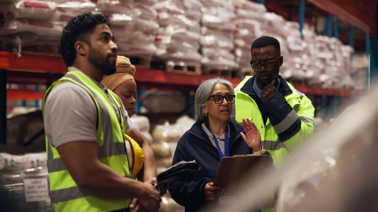 Diverse Warehouse Team Discussing Logistics and Operations