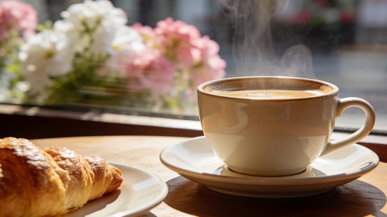 Damp stiger fra varm kaffe, hvid keramikkop hviler på underkop ved cafévindue, med croissant.