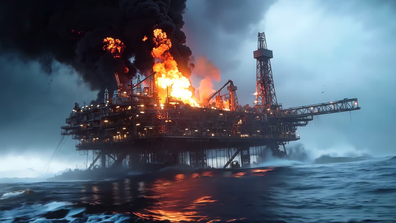 En olieboreplatform i brand midt på havet