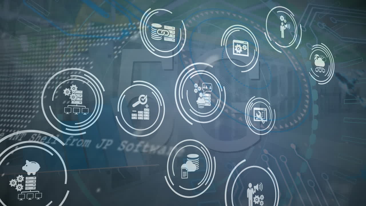 Animation of digital icons, data processing and 5g text banner against computer server room