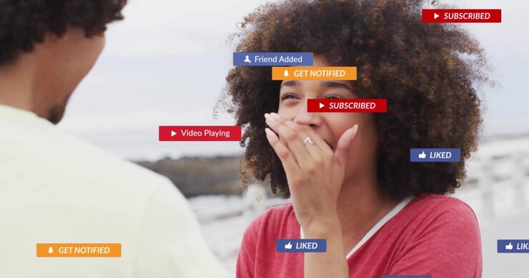 Woman laughing covering mouth at railing, laughter sparking social media badges growing then fading