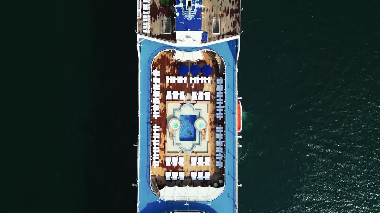 Cruise ship in Zihuatanejo Bay, in the Pacific Ocean, on vacation. 4K drone shot