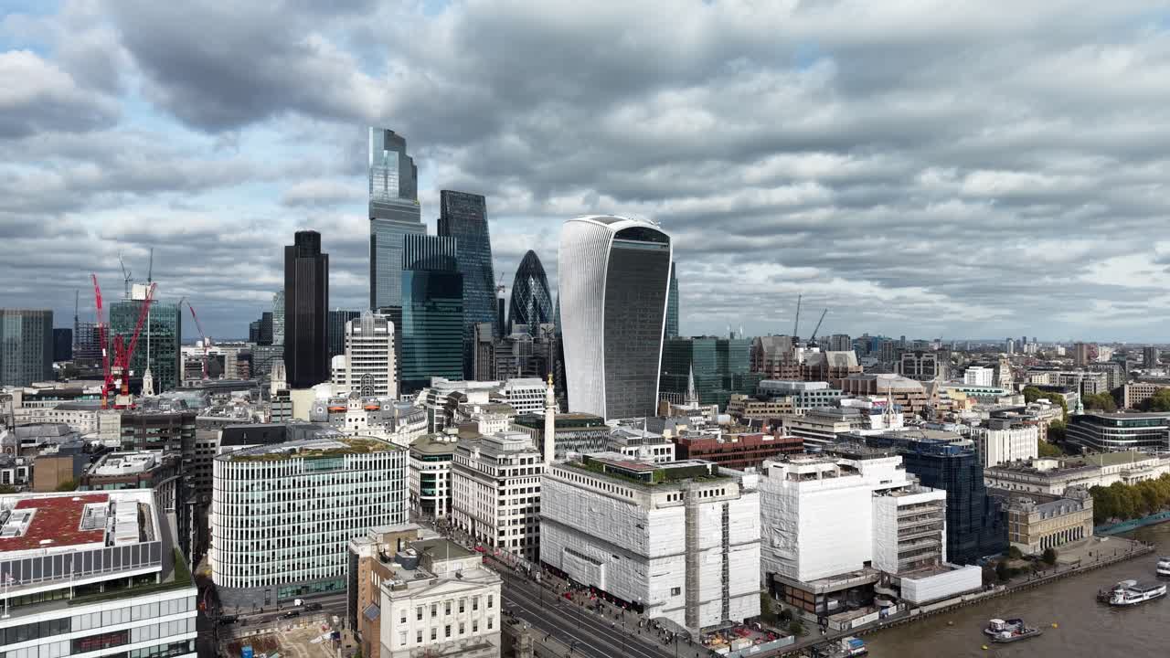Panning Drone,aerial view skyscrapers financial district, the City of London