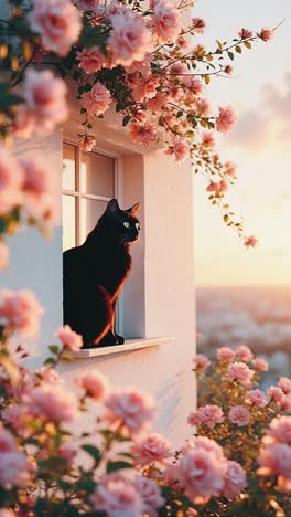 black cat in a window framed by pink roses