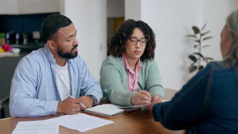 Couple,-sign-and-documents-with-lawyer-in-home