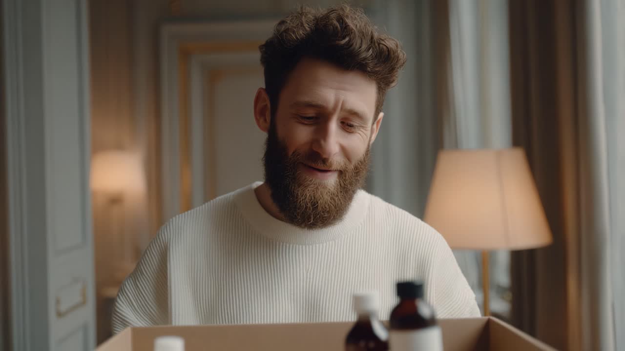 A Thoughtful Moment of Discovery: A Bearded Man Unpacks a Box of Bottles, Reflecting on the Contents in a Warm and Inviting Interior Setting