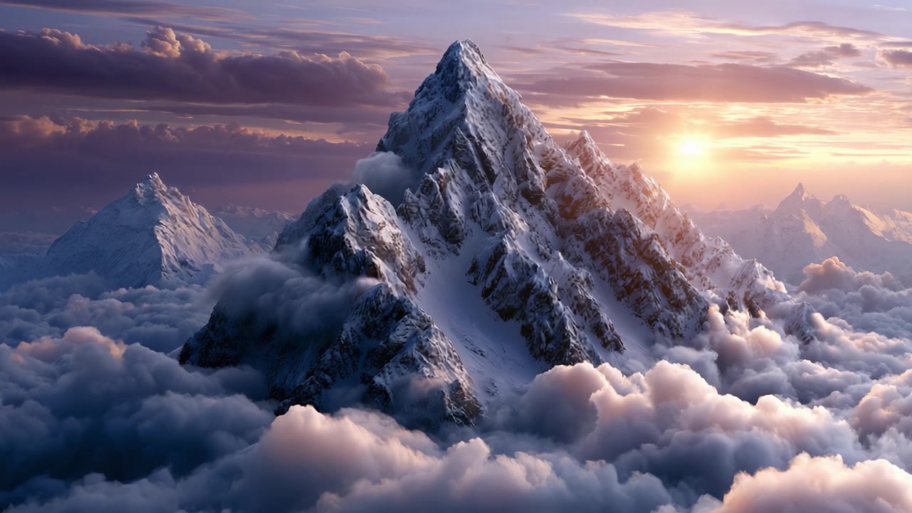 Puncak Gunung yang Megah Dikelilingi Awan Lembut Bermandikan Cahaya Matahari Terbit Keemasan, Menangkap Keindahan Alam yang Memukau dalam Pemandangan yang Memesona