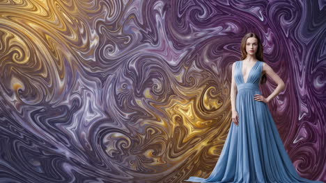 woman in elegant blue gown against an abstract swirling background