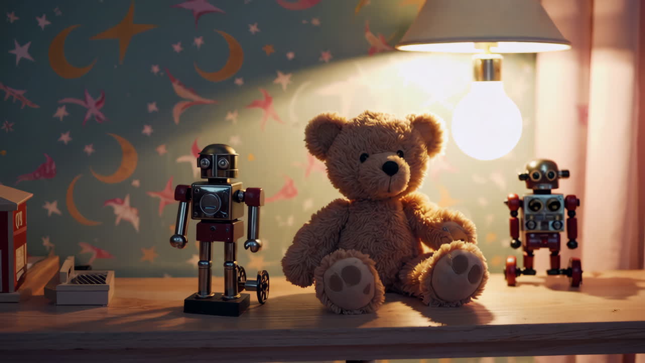 Çocuk Odasında Oyuncak Ayı ve Robotlar