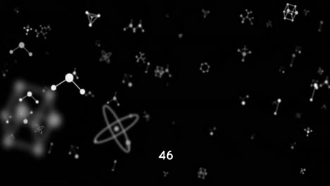 Digitale-Animation-Steigender-Zahlen-über-Molekularen-Strukturen,-Die-Vor-Schwarzem-Hintergrund-Schweben