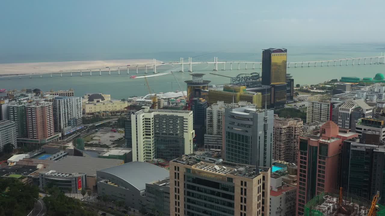 마카오 시내 풍경, 빛 날, 베이 교통, 항공 파노라마, 4k, 중국