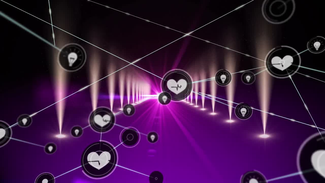 검은색 배경의 빛 트레일 위에 아이콘으로 연결 네트워크의 애니메이션