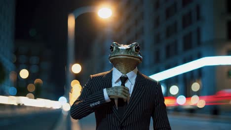 frog in a suit on a city street at night