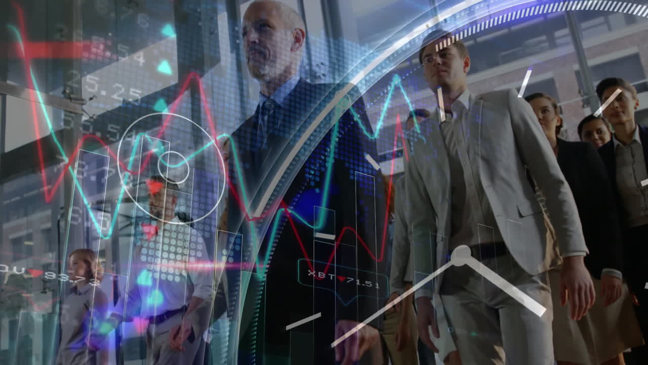 Animation of data processing and clock over diverse business people on escalator