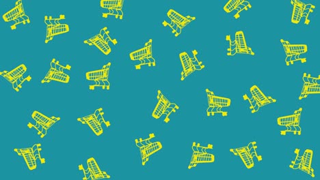 animación de bucle sin costuras con muchos carros de compras vacíos de color amarillo que se mueven contra el fondo cian, copia el espacio