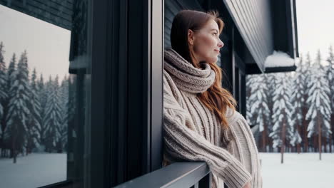 woman enjoying a winter morning on a snowy balcony