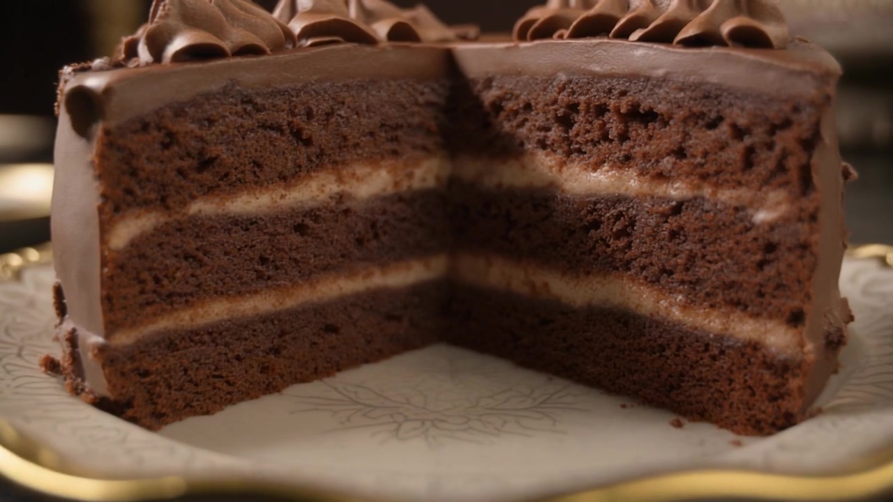 Primer plano de tarta de chocolate rica en capas en plato decorativo