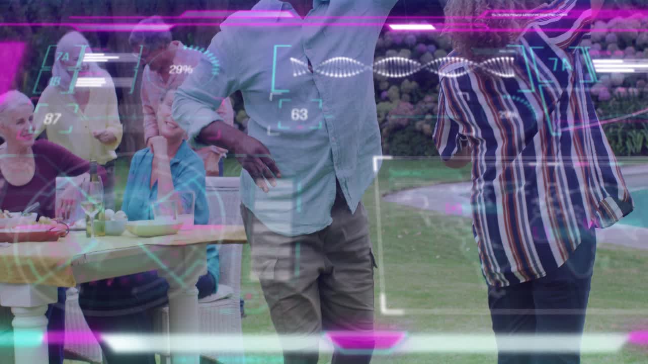 Senior man stepping, leading twirling into hold for party, bio HUD aligning DNA helix to faces