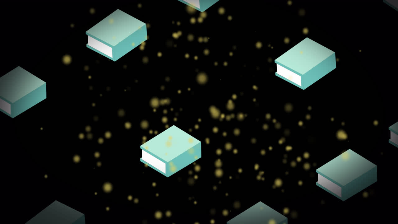 Animation of glowing spots over blue books on black background