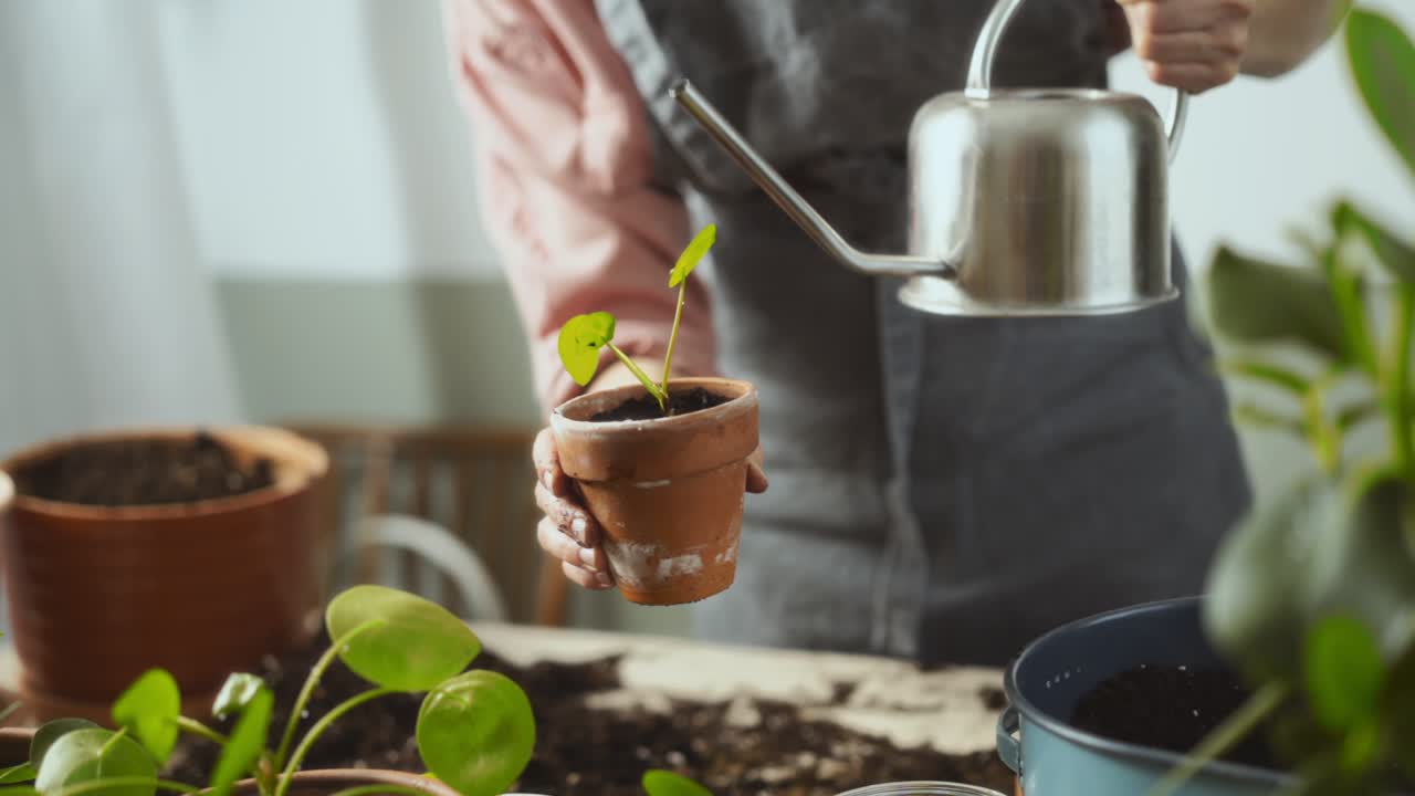 Crop female gardener watering plants