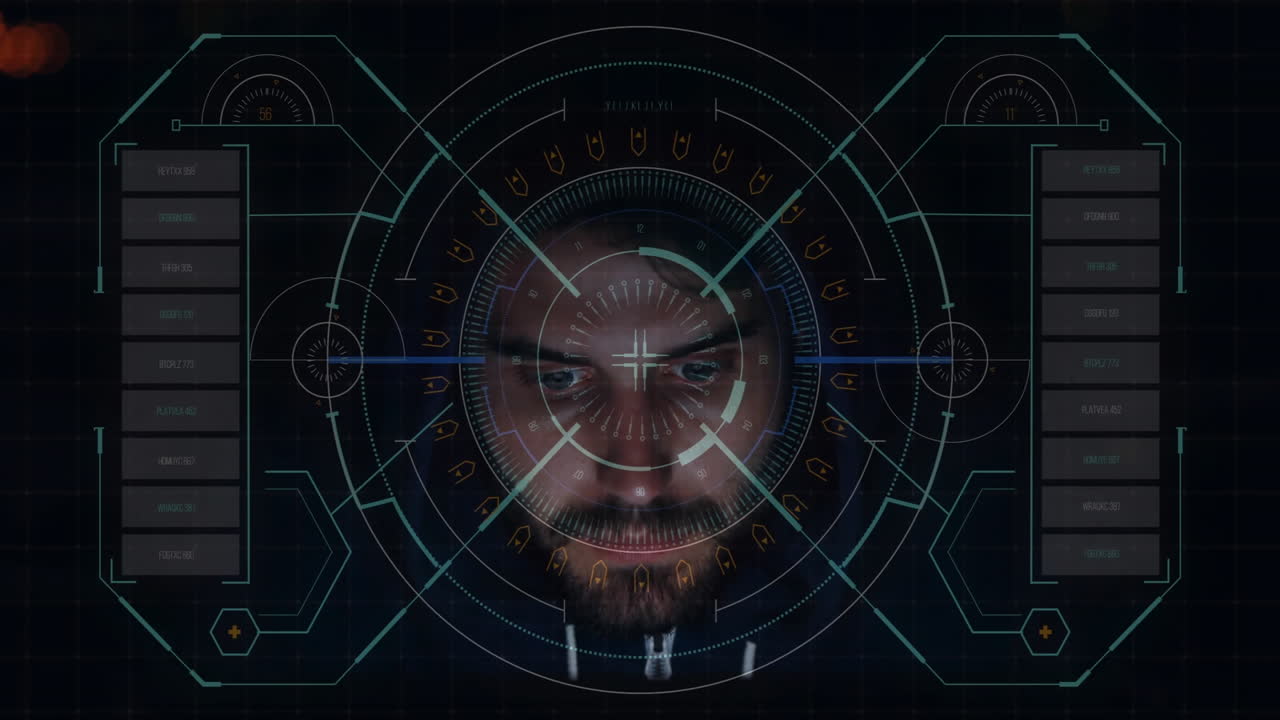 animación de procesamiento de datos y escaneo de alcance sobre hacker masculino caucásico